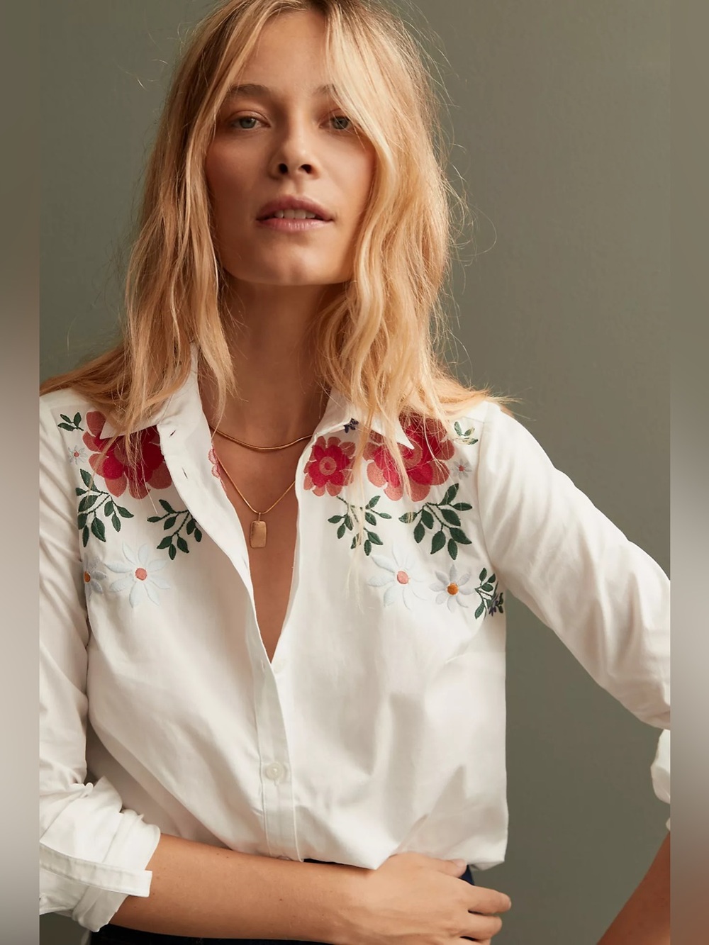 Maeve by Anthropologie Embroidered Floral Button Down Shirt White US 2
